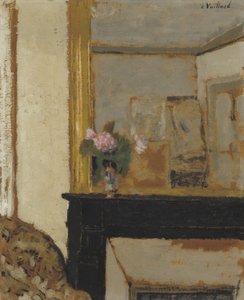 Kukkimaljakko kamiinan reunassa, n. 1900 (öljy pahville) tekijältä Edouard Vuillard