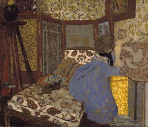 Sinipukuinen nainen ja lapsi, noin 1899 (öljy kartongille). tekijältä Edouard Vuillard
