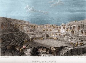 Nimesin areenat, Gard, Languedoc-Roussillon (Languedoc Roussillon), Ranska. Willmannin kaiverrus Jean-Bernard Mary-Lafonin (Jean Bernard Mary Lafon) teokseen "Ancient and Modern France"