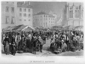 Marche Bayonnessa, Pyrenees-Atlantiquesissa (Pyrenees Atlantiques), Aquitainessa, Ranskassa. Willmannin kaiverrus Jean-Bernard Mary-Lafonin (Jean Bernard Mary Lafon) teokseen "Ancient and Modern France"