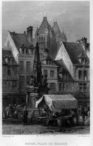 Place du Marche Noyonin kaupungissa, Oisessa, Picardiassa, Ranskassa. Willmannin kaiverrus Jean-Bernard Mary-Lafonin (Jean Bernard Mary Lafon) teokseen "Ancient and Modern France"