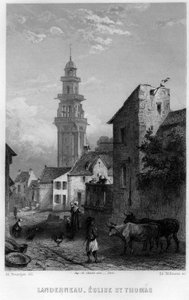Näkymä Landerneaulle ja Saint Thomas -kirkolle, Finistere, Bretagne, Ranska. Willmannin kaiverrus Jean-Bernard Mary-Lafonin (Jean Bernard Mary Lafon) teokseen "Ancient and Modern France"