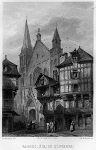 Näkymä Vannesin kaupunkiin ja Saint Pierren kirkolle, Morbihan, Bretagne, Ranska. Willmannin kaiverrus Jean-Bernard Mary-Lafonin (Jean Bernard Mary Lafon) teokseen "La France ancienne et moderne"