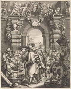 Kaksi herraa ostaa sieniä torilta Otsikkokuvitus: F. van Sterbeeck, Theatrum Fungorum oft het tooneel der Campernoelien, 1675 tekijältä Edouard van Ordonie