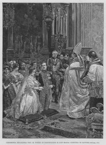 Ferdinand II:n häiden uskonnollinen seremonia Savoylaisen Maria Cristinan kanssa (kaiverrus) tekijältä Edouardo Matania