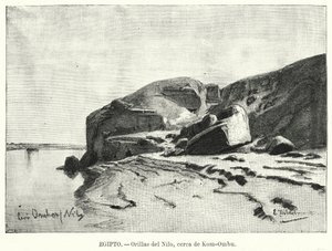 Niilin rannat lähellä Kom Omboa, Egypti (litho) tekijältä Eduard (after) Hildebrandt