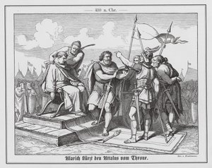 Alarik I syrjäyttämässä Rooman keisari Attaluksen, 410 (kaiverrus).