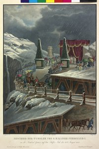 Tirolilaisten jäähyväiset keisari Ferdinand I:ltä klo 22. Elokuu 1838 (värillinen litografia) tekijältä Eduard Gurk