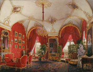 Talvipalatsin sisätilat. Neljäs varattu huoneisto. Kulmahuone, 1800-luvun puoliväli. tekijältä Eduard Hau