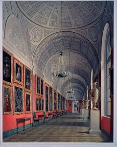 Uusi Eremitaaši, Romanovin galleria, pohjoinen alue (Uusi Ermitaasi, Romanovin galleria, pohjoinen alue). Eduard (Edouard) Haun (1807-1887) työ, akvarelli paperille 1864. Venäläinen taide 1900-luku. Pietarin valtion Eremitaaši. tekijältä Eduard Hau