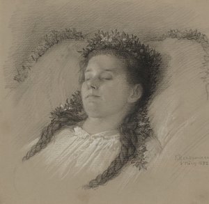 Tyttö kuolinsängyssä kukkakruunun kanssa tekijältä Eduard Julius Friedrich Bendemann