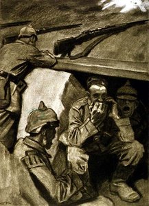 Suuurut juoksuhaudoissa, kuvitus saksalaisesta aikakauslehdestä "Simplicissimus", n. 1915 (litho)
