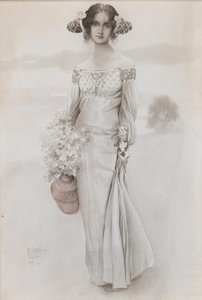 Tyttö, jolla on kannu ja kukkakimppu, 1914.