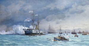 HMS "Edinburgh" torpedoharjoituksessa, noin 1887 (öljy kankaalle). tekijältä Eduardo de Martino