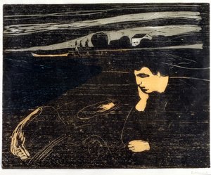 Ilta, melankolia: Rannalla (Abend, Melancholie am Strand) (puupiirros) tekijältä Edvard Munch