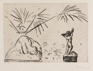 Sisustus, jossa on veistoksia tekijältä Edvard Munch