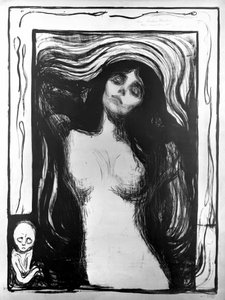Madonna, Edvard Munchin litografia omistettu tohtori Bucherille. tekijältä Edvard Munch