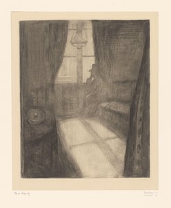 Mies sisätiloissa istuu ikkunan vieressä Kuutamo. Night in Saint-Cloud (alkuperäinen nimi) tekijältä Edvard Munch