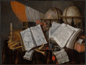 Vanitas-asetelma lipulla, kynttilänjalka, soittimet, kirjat, kirjoitustarvike... tekijältä Edwaert Collier
