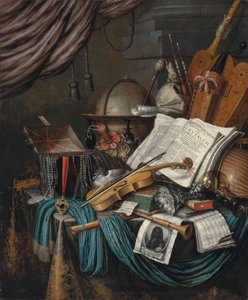 Maapallo, arkku jalokiviä ja medaljonkeja, kirjoja, hurdy-gurdy, säkkipilli, luuttu, viulu, ylösalaisin hopeatazza ja roemer, nautilus-kuori, nokkahuuli, shawm, printti omakuvalla taiteilijan ja nuotin päällystetyllä pöydällä, c