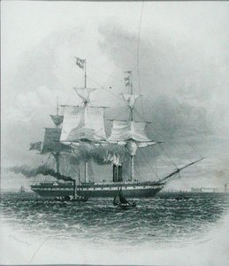 Liverpool - "Iso-Britannia" lähtee satamasta vuonna 1853, "Cyclopaedia of Useful Arts & Manufactures", toimittanut Charles Tomlinson, kaivertanut J. Bradshaw, noin 1880-luku (kaiverrus)