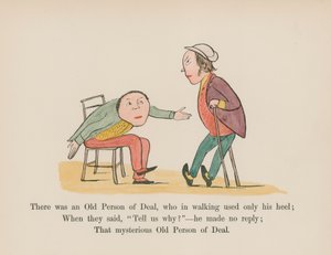 Oli eräs vanhus, joka käytti kävellessään vain kantapäätään (värillinen kaiverrus). tekijältä Edward (after) Lear