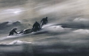 Kolme miestä kelkan kanssa lumessa, 1910-12