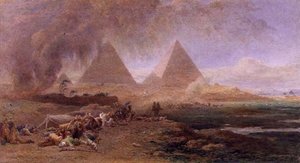 Hiekkamyrskyn ohittama karavaani, Egypti (akvarelli ja guassi paperille)