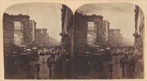 Broadway in the Rain, todennäköisesti otettu 308:sta tai 310:stä Broadway, New York City, n. 1860-luku.