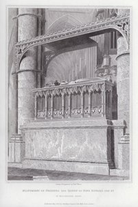Kuningas Edward 3:n kuningattaren Philippan muistomerkki Westminster Abbeyssa (kaiverrus) tekijältä Edward Blore