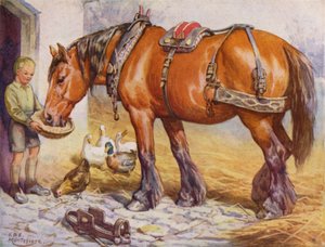 Poika ruokkimassa hevosta pihalla (väri litho)