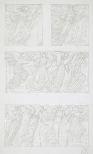 Allegoristen hahmojen luonnoslehtiä tekijältä Edward Burne-Jones