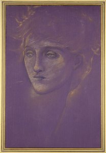 Naisen pää, 1890-luku (kultamaali violetilla pohjalla). tekijältä Edward Burne Jones