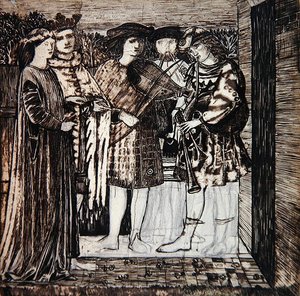 Suunnittelu Punaisen talon koristeluun: "Sir Degrevauntin hääkulkue" tekijältä Edward Coley Burne Jones