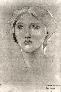 Tytön pää, n. 1893-1896 (ruskealla helmanauhalla korotettu värikynä) (m/v kuva) tekijältä Edward Coley Burne Jones