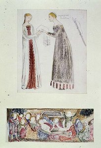 Nro 1084-f.10 (TtoB) Two Maids, kopio Giovanni da Milanon teoksesta Marian syntymä Firenzen Rinuccini-kappelista; Valituslaulu (akvarelli, kynä) tekijältä Edward Coley Burne Jones