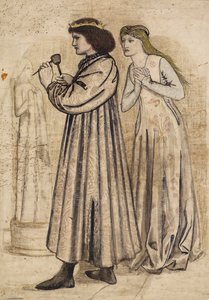 Kohtaus, jossa kuningas Rene veistää hahmoa, kun uusi morsiamensa katselee häntä (kynä & intiamuste pesuaineella ja kynä paperilla) tekijältä Edward Coley Burne Jones