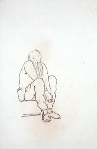 Taiteilijan omakuva, istuu, kädet polvien välissä, piirustusalbumista (kynä paperille) tekijältä Edward Coley Burne Jones