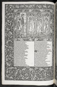 "Geoffrey Chaucerin teoksia on nyt juuri painettu Sir Edward Burne-Jonesin suunnittelemilla kuvilla" tekijältä Edward Coley Burne Jones