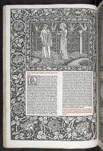 "Geoffrey Chaucerin teoksia on nyt juuri painettu Sir Edward Burne-Jonesin suunnittelemilla kuvilla" tekijältä Edward Coley Burne Jones