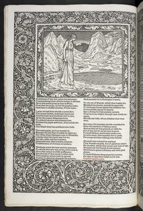 "Geoffrey Chaucerin teoksia on nyt juuri painettu Sir Edward Burne-Jonesin suunnittelemilla kuvilla" tekijältä Edward Coley Burne Jones