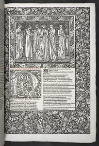 "Geoffrey Chaucerin teoksia on nyt juuri painettu Sir Edward Burne-Jonesin suunnittelemilla kuvilla" tekijältä Edward Coley Burne Jones