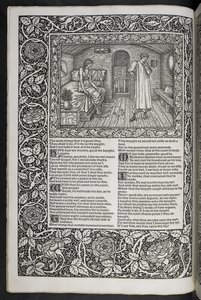"Geoffrey Chaucerin teoksia on nyt juuri painettu Sir Edward Burne-Jonesin suunnittelemilla kuvilla" tekijältä Edward Coley Burne Jones