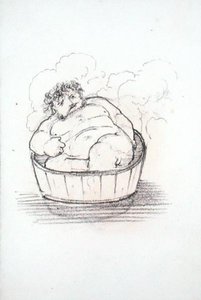 William Morris (1834-96) kylpyammeessa, piirustusalbumista (kynä paperille) tekijältä Edward Coley Burne Jones