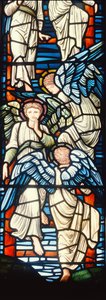 Enkelit kiipeävät ja laskeutuvat, Jacobsin tikkaiden yksityiskohta, lasimaalaukset yksityiskohta 120160 tekijältä Edward Burne Jones