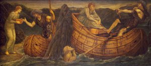 Cupid and Psyche - Palatsin vihreät seinämaalaukset - Psyche antaa kolikon Styxin lauttamiehelle, 1881 tekijältä Edward Burne Jones