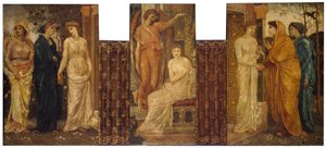 Cupid ja Psyche - Palatsin vihreät seinämaalaukset - Psychen sisaret vierailevat hänen luonaan Cupidin talossa, 1881 tekijältä Edward Burne Jones