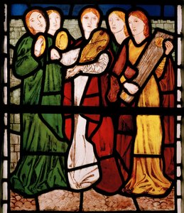 Neitomuusikot, Salomon laulusta, 1862 (lasimaalauksia) tekijältä Edward Burne Jones