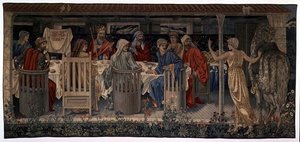 Quest for the Holy Graal Tapestries, paneeli 1, Strange Damselin matkaan kutsumat pyöreän pöydän ritarit, 1898-1899 tekijältä Edward Burne Jones