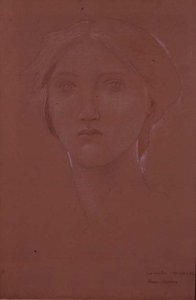 Margaret Burne-Jonesin tutkimus "Kuningas Cophetua ja kerjäläinen piika" (musta, valkoinen ja sangviininen liitu paperille) (katso 100690) tekijältä Edward Coley Burne Jones